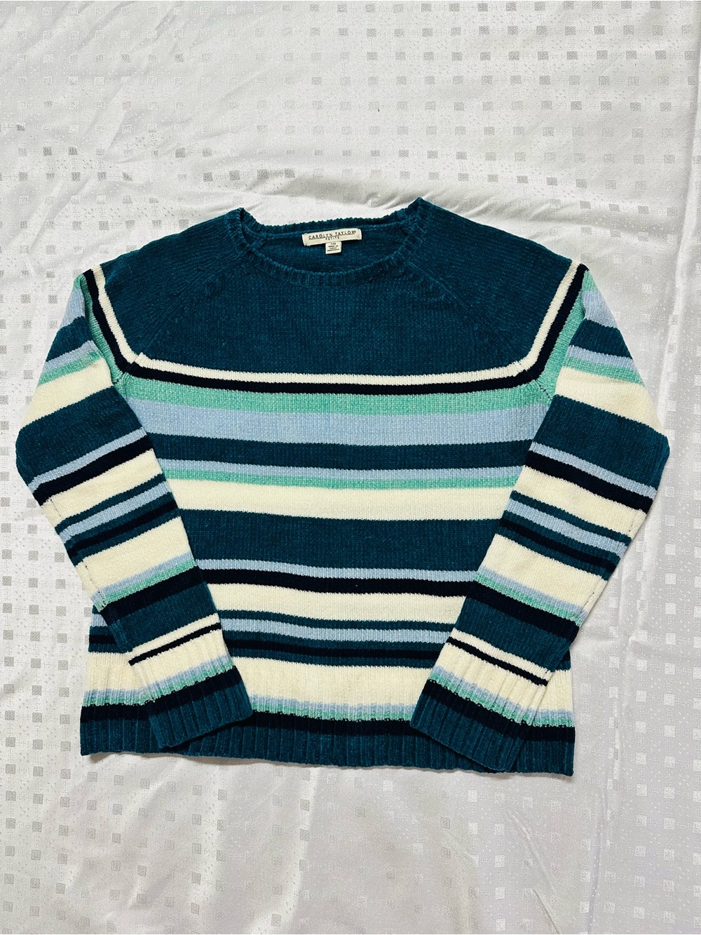 Carolyn Taylor Striped Crewneck Sweater - Teal, Mint & Ivory